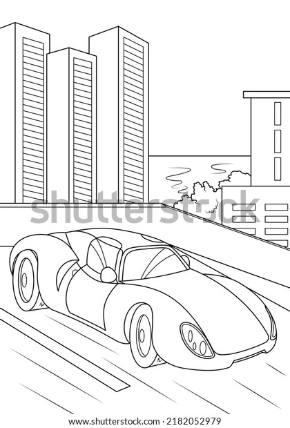 Sports car in the city in\
the background of the sea. Funny coloring book for boys. Vector\
illustration