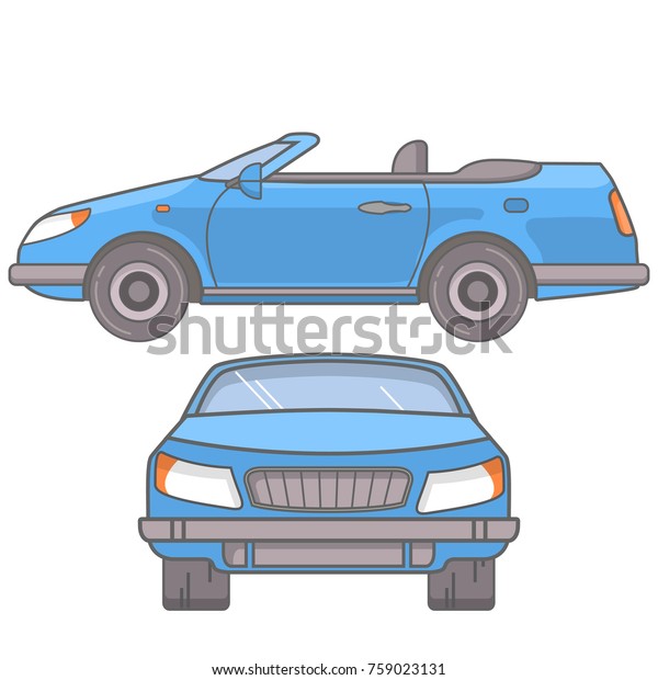 The sports car a coupe cabriolet with an open\
roof. In flat style a vector a linear art.Vehicle side view and in\
front cartoon illustration.A road trip on the vehicle a summer\
holiday.