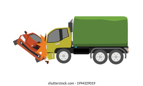 Sports car crashes in front of a truck until it is damaged. with isolated white background.