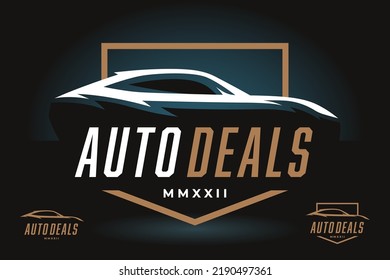 Sports Car Deals Logo Emblem. Auto Speed Silhouette Badge Icon. Motor Vehicle Dealership Emblem. Automotive Showroom Garage Sign. Vector Illustration.