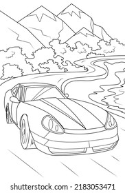 A sports car drives along the road against the backdrop of nature and the sea. Funny coloring book for boys. Vector illustration