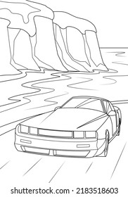 A sports car drives along the road against the backdrop of the sea. Funny coloring book for boys. Vector illustration