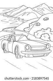 A sports car drives along the road against the backdrop of mountains and the sea. Funny coloring book for boys. Vector illustration