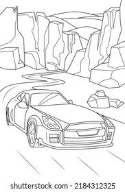 A sports car drives along the road against the backdrop of the desert and mountains. Funny coloring book for boys. Vector illustration