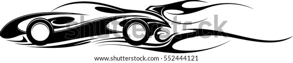 Sports car emblem with fire\
flame, simple black and white decorative graphic for tattoo or\
t-shirt print, isolated on white. Motorsport logo. Vector\
illustration