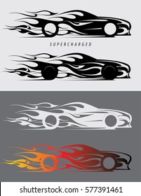 Sports car emblem with fire flames. Textile prints, vinyl stickers and decals for auto. Vector illustration