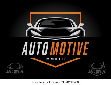 Sports car front logo design. Supercar auto silhouette icon. Motor vehicle dealership showroom badge. Automotive performance garage workshop symbol. Vector illustration.