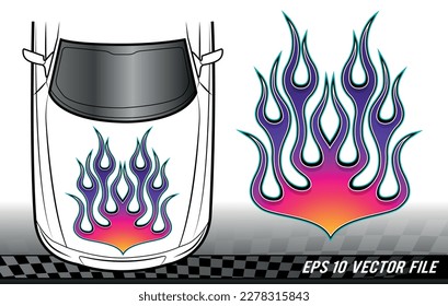 Sports car hood flame decal vinyl sticker graphic. Racing car tribal fire flames vector eps file. Vehicle decoration for car top, hood, bonnet.