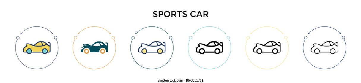 Sports car icon in filled, thin line, outline and stroke style. Vector illustration of two colored and black sports car vector icons designs can be used for mobile, ui, web