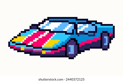 Sports car icon in pixel art style. Blue and pink car in 8-bit style. Collection of pixel graphic symbols. For game interface, mobile application element, network.