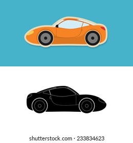 Sports car icon and silhouette isolated on white