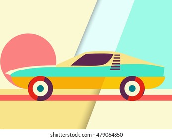 Sports Car Illustration - Retro Look - Abstract Geometric Shapes Background In Trendy Colors