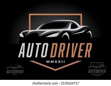 Sports car logo concept design. Supercar auto silhouette icon. Motor vehicle dealership showroom badge. Automotive performance garage workshop symbol. Vector illustration.