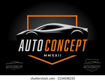 Sports car logo design. Supercar auto silhouette icon. Motor vehicle dealership showroom badge. Automotive performance garage workshop symbol. Vector illustration.