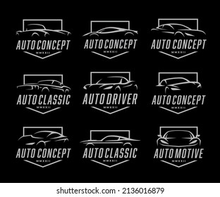 Sports car logo icon set. Motor vehicle auto dealership badge collection. Automotive supercar garage symbols. Vector illustration.