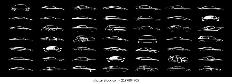 Sports car logo icon set  Motor vehicle silhouette emblems  Auto garage dealership brand identity design elements  Vector illustrations 