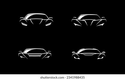 Sports car logo icon set on black background. Motor vehicle dealership emblems. Auto silhouette garage symbols. Vector illustration