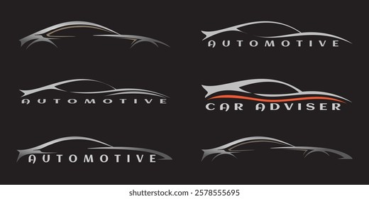 Sports car logo icon set. Motor vehicle dealership emblems. Auto silhouette garage symbols. Sport car automotive, automobile services. Vector illustration