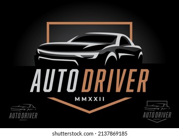 Sports car logo icon silhouette. Motor vehicle auto dealership showroom badge. Automotive performance garage workshop symbol. Vector illustration.