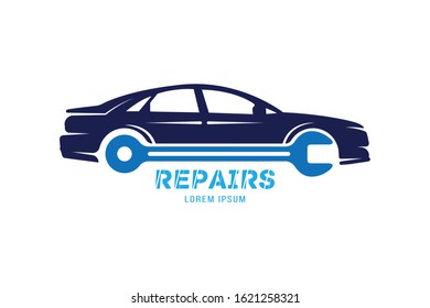 Sports car logo. Vector template made in the form of an automobile silhouette with key. Flat vector illustration EPS 10