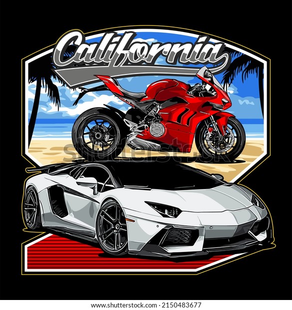 sports car and sports motorbike on the beach\
vector template