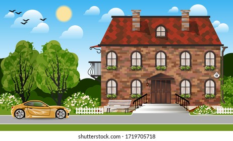 a sports car near a two-story brick cottage with a fence, flower beds and a garden with trees against the background of a forest, hills, sky with the sun, clouds and silhouettes of flying birds.vector