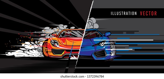 Sports Car On The Road. Modern And Fast Vehicle Racing. Super Design Concept Of Luxury Automobile. Vector Illustration