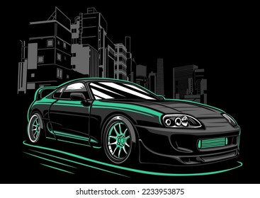 The sports car on the road. Modern and fast vehicle racing. The neat design concept of the luxury automobile. Vector illustration