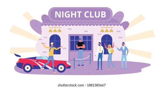 Sports Car Parking near Nightclub, Illustration. Man Stepped out his Presentable Modern Car. People Standing in Line at Entrance Cheerfully Greet him and Admire his new Cool Transport.