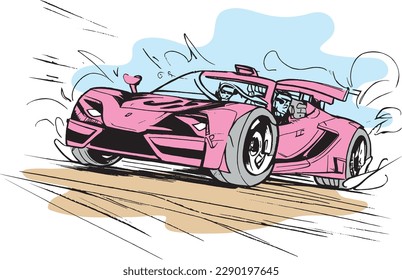 recorrido superior de color rosa de los autos deportivos en el dibujo del vector de la carretera