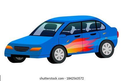 Sports car racing on the highway isolated on white background. Blue car patterned flame of fire on a side door rides on the road flat vector illustration. Object from computer racing game side view