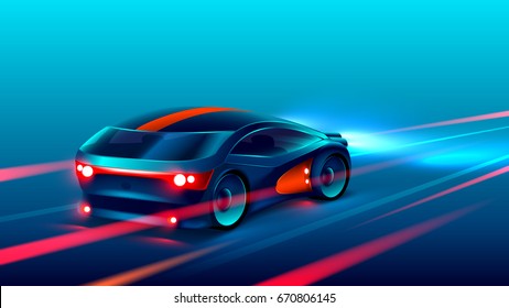 sports car racing on the highway in the night. VECTOR