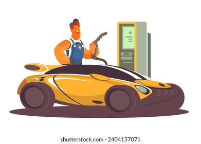 Sports Car Refueling, vector illustration. Showcases a yellow sports car being refueled at a fuel station by an individual in a blue jumpsuit.