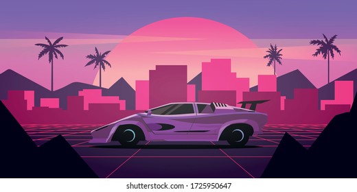 A Sports Car In A Retro Wave Landscape With A Neon Grid, City And Palm Trees. Vector Illustration In The Style Of The 80s.