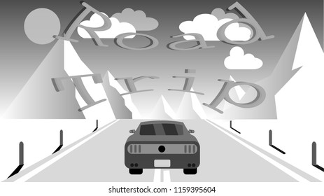 A sports car rides along an asphalt road into snowy mountains. Journey to the mountains by car, travel and inscription road trip. Vector illustration.