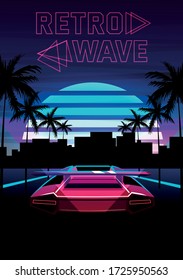 Sports car rides on the road surrounded by palm trees in the city. Vector retrowave illustration in the style of 80.