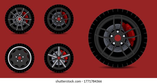 Sports car rim. car tyre collection isolated graphic design for modern transportation car.