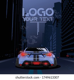 Sports car running in the city. illustration vector template. Blue sports racing car