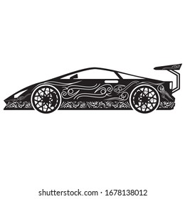 The sports car is set in a cool carving design style, and an isolated supercar against a white background