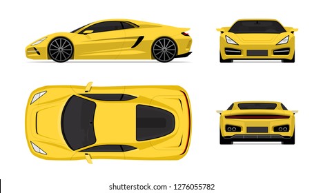 Sports car set in flat design style. Front, back, side and top view of the supercar isolated on white background