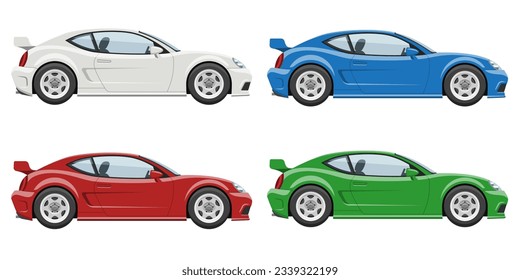 Sports car side view vector illustration. Isolated cars from profile in red, blue, green colors on white background