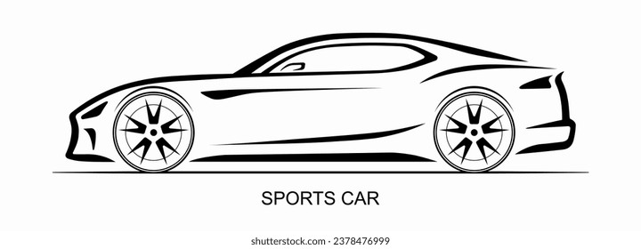 Sports car silhouette isolated on white background. Side view of the sports car. Line art design template. Vector illustration.