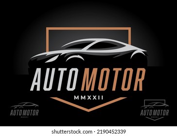 Sports car silhouette logo. Supercar auto dealer sign. Motor vehicle dealership brand emblem. Automotive showroom garage badge icon. Vector illustration.