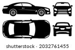Sports car silhouette on white background. Vehicle icons set view from side, front, back, and top