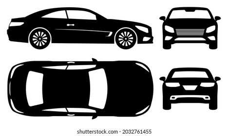 Sports car silhouette on white background. Vehicle icons set view from side, front, back, and top