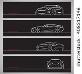Sports car silhouettes, outlines, contours, lines isolated on black background. Front, rear and side view. Vector illustration