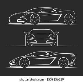 Sports car silhouettes, outlines, contours. Front, side, perspective view of sportscar. Can be used as a part of an emblem, label, icon, logo. Vector illustration