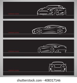 Sports car silhouettes, outlines, contours, lines isolated on black background. Front, rear and side view. Vector illustration