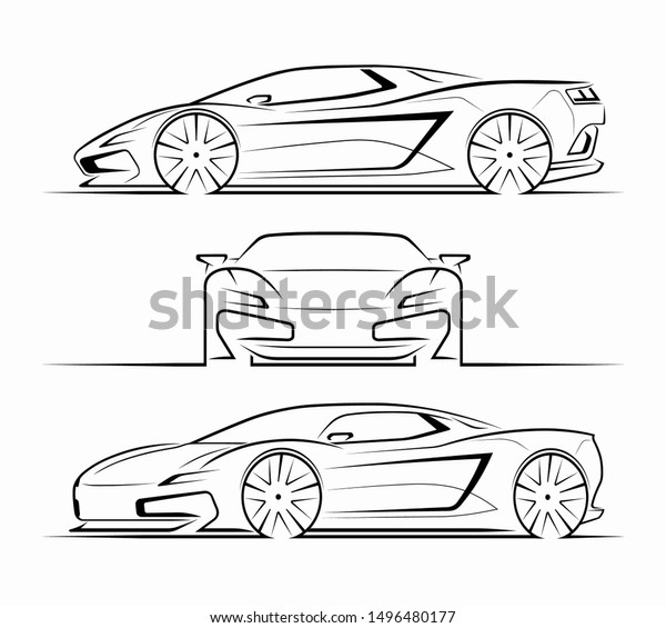 Sports car silhouettes, outlines,\
contours. Front, side, perspective view of supercar. Can be used as\
a part of an emblem, label, icon, logo. Vector\
illustration.