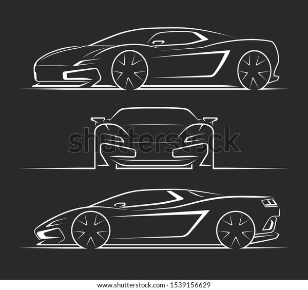 Sports car silhouettes,
outlines, contours. Front, side, perspective view of sportscar. Can
be used as a part of an emblem, label, icon, logo. Vector
illustration